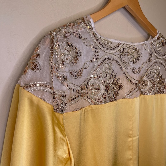 Shein | RARE Jewel Tone Golden Yellow Lace Sequins Bell Sleeve Kaftan Gown Dress - Picture 9 of 14